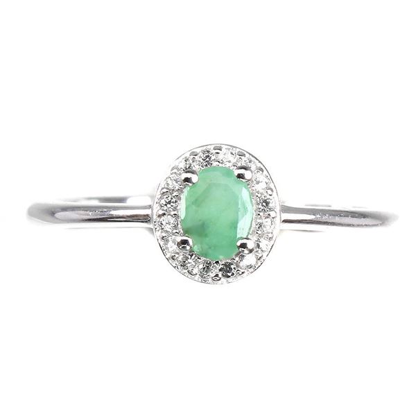 Unheated Oval Green Emerald 5x4mm White Topaz 14 k  White Gold Plated 925 Sterling Silver Ring Size