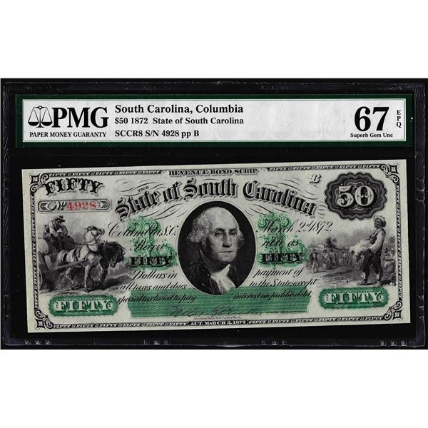 1872 $50 State of South Carolina Obsolete Note PMG Superb Gem Unc 67EPQ