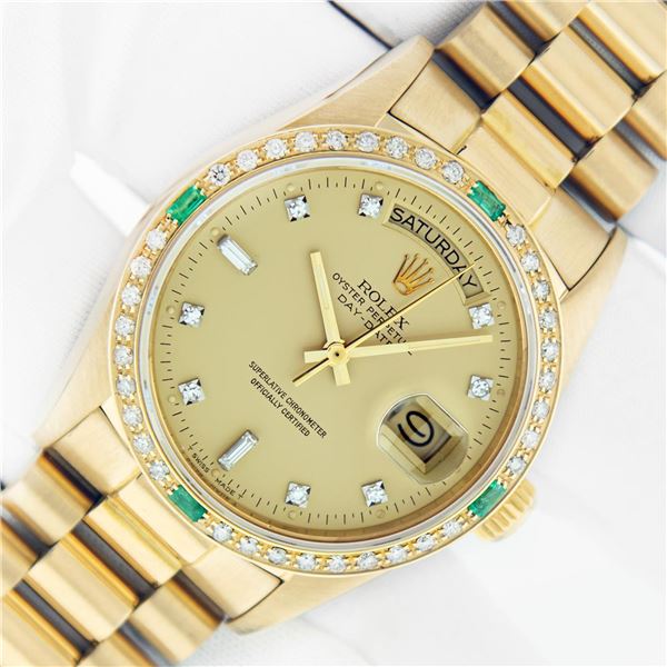 Rolex Men's 18K Yellow Gold Diamond & Emerald Day Date President Wristwatch
