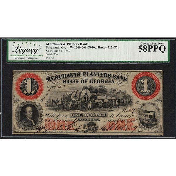 1859 $1 Merchants & Planters Bank Savannah, GA Obsolete Note Legacy Ch. About New 58PPQ