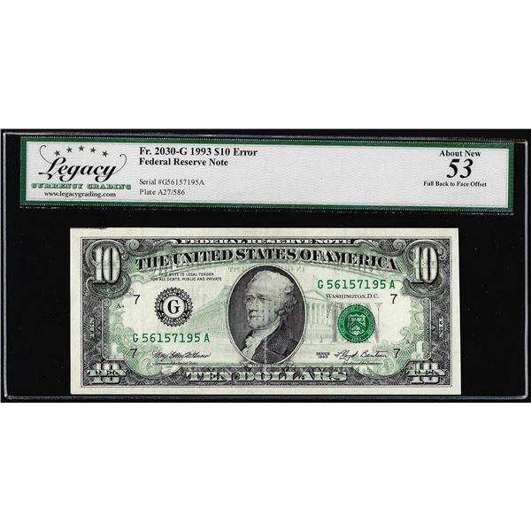1993 $10 Federal Reserve Note Full Back to Face Offset Error Legacy About New 53