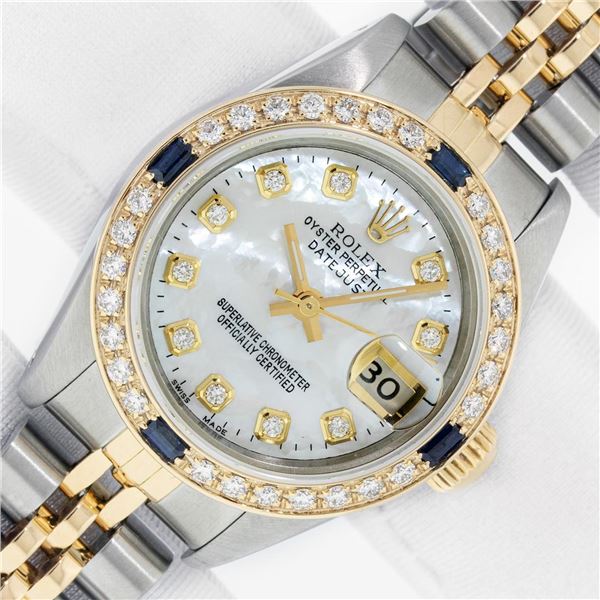 Rolex Ladies Two Tone MOP Diamond & Sapphire Datejust Watch With Rolex Box