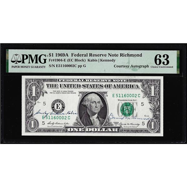 1969A $1 Federal Reserve Note PMG Choice Uncirculated 63 Dual Courtesy Autograph