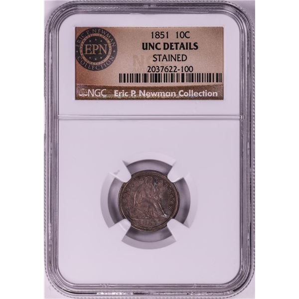 1851 Seated Liberty Dime Coin NGC Uncirculated Details Ex. Newman Collection