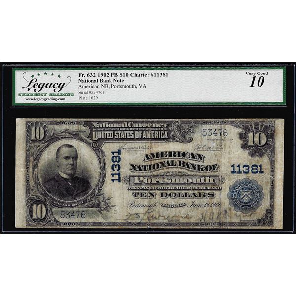 1902 $10 NB of Portsmouth, VA CH# 11381 National Currency Note Legacy Very Good 10