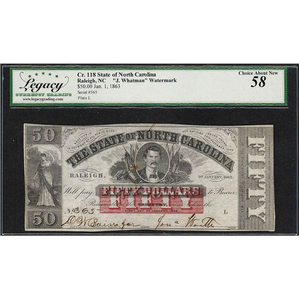 Jan. 1, 1863 $50 State of North Carolina Obsolete Note Cr.118 Legacy Ch. About New 58