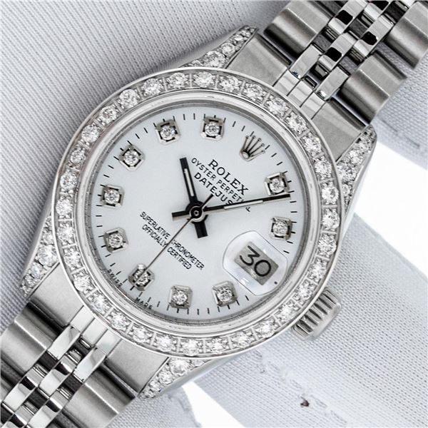 Rolex Ladies Stainless Steel White Diamond Datejust Wristwatch