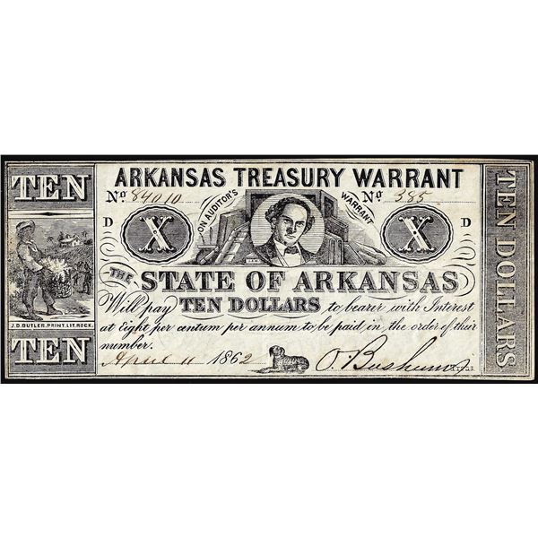1862 $10 Arkansas Treasury Warrant Little Rock, AR Obsolete Note
