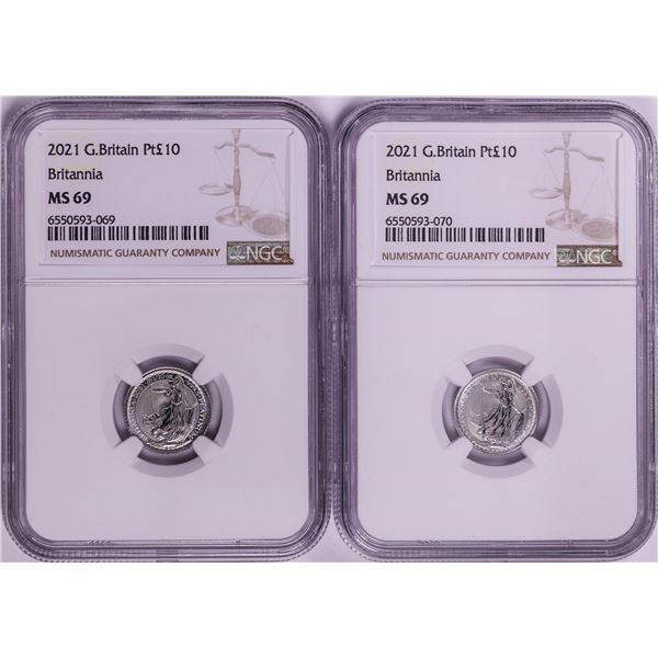 Lot of (2) 2021 Great Britain 10 Pounds Britannia 1/10oz Platinum Coins NGC MS69