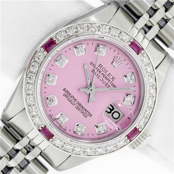 Rolex Ladies Stainless Steel Pink Diamond & Ruby Datejust Wristwatch