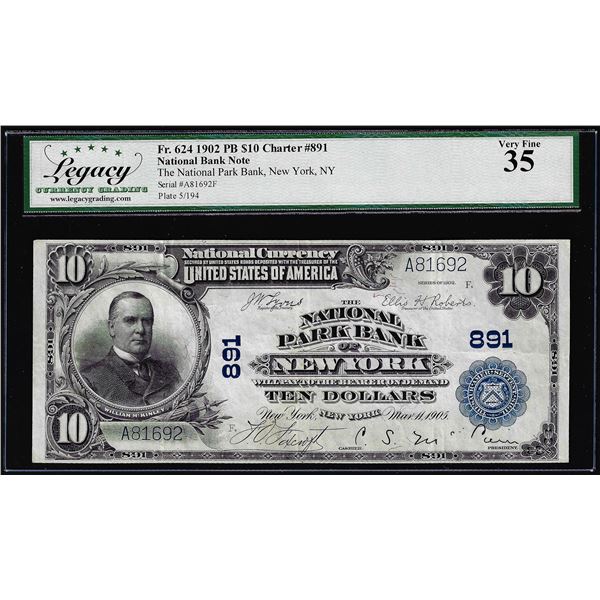 1902 $10 National Park Bank of New York, NY CH# 891 National Currency Note VF35