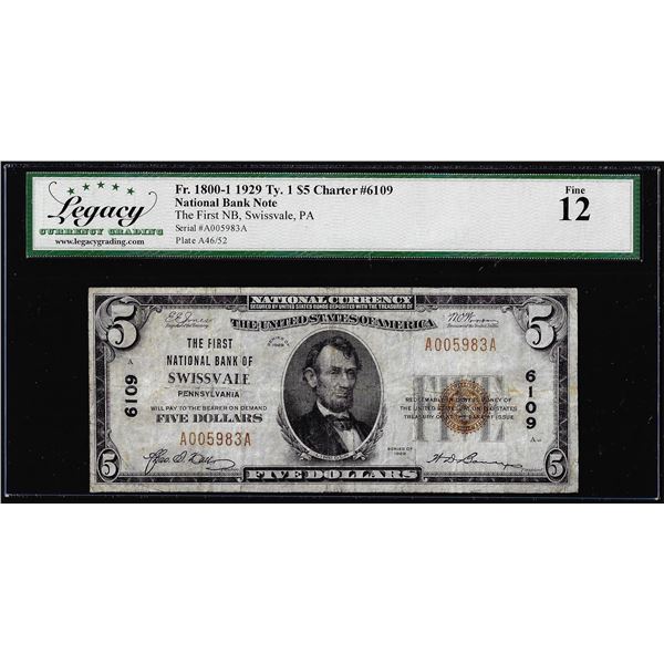 1929 $5 First NB of Swissvale, PA CH# 6109 National Currency Note Legacy Fine 12