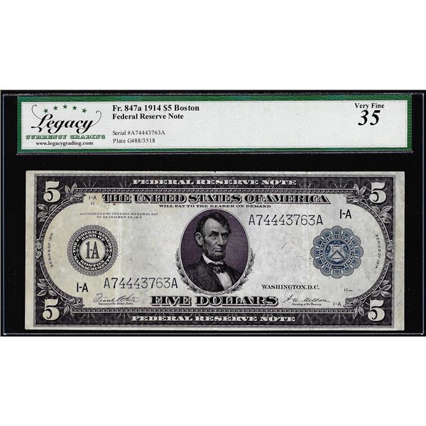 1914 $5 Federal Reserve Note Boston Fr.847a Legacy Very Fine 35