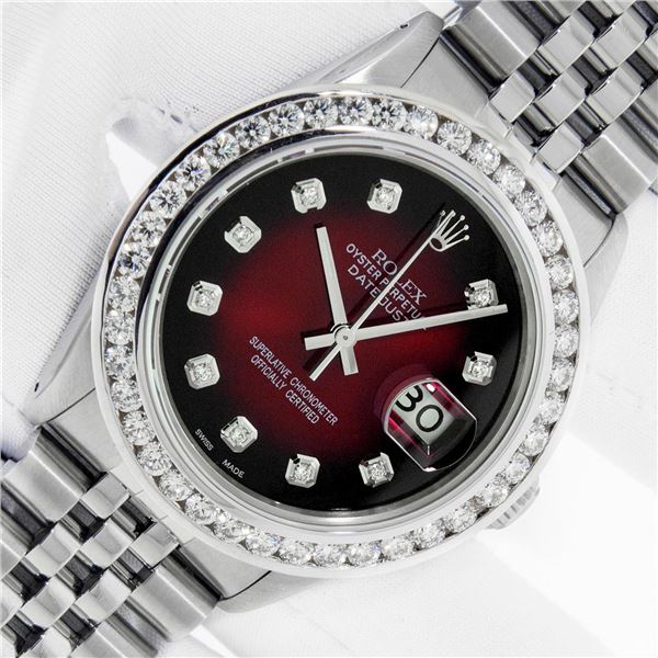 Rolex Men's Stainless Steel Red Vignette 3 ctw Diamond Datejust Wristwatch