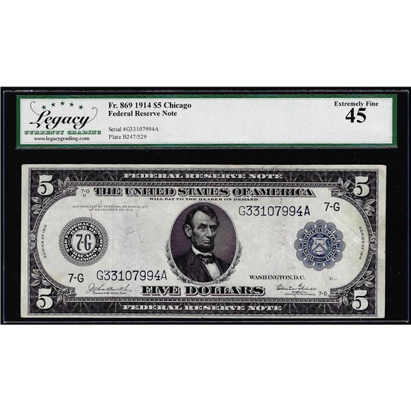1914 $5 Federal Reserve Note Chicago Fr.869 Legacy Extremely Fine 45