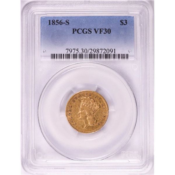 1856-S $3 Indian Princess Head Gold Coin PCGS VF30