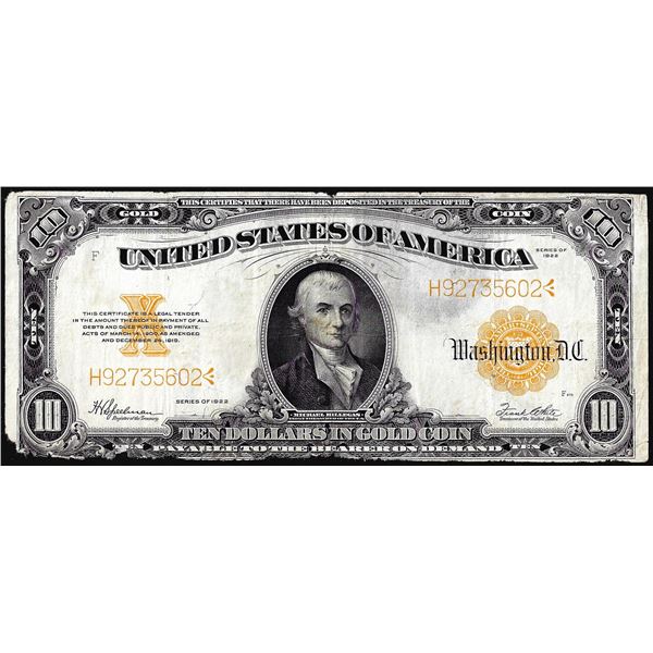 1922 $10 Gold Certificate Note