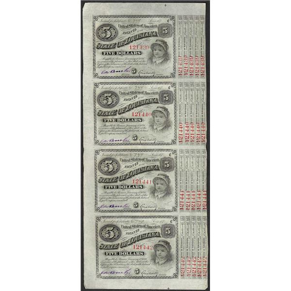 Uncut Sheet of (4) State of Louisiana Baby Bond Obsolete Notes