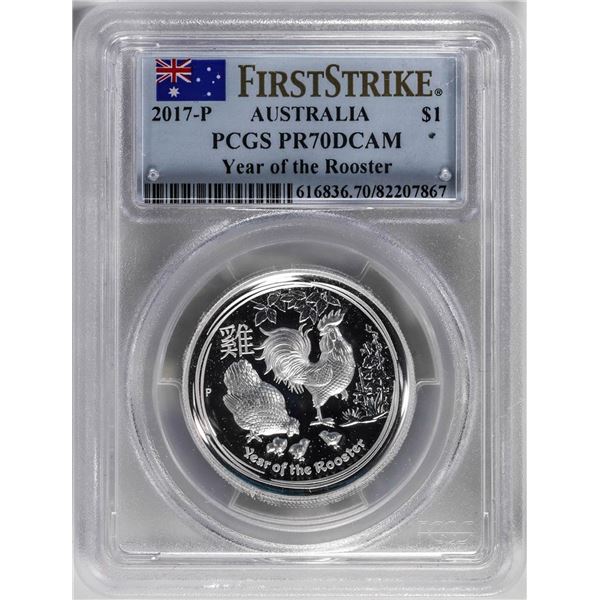 2017-P $1 Australia Proof Year of the Rooster Silver Coin PCGS PR70DCAM First Strike