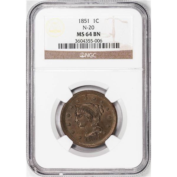 1851 N-20 Coronet Large Cent Coin NGC MS64BN