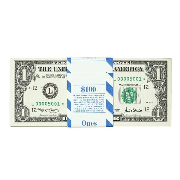 Low Serial Number Pack of (100) Consecutive 2001 $1 Federal Reserve STAR Notes