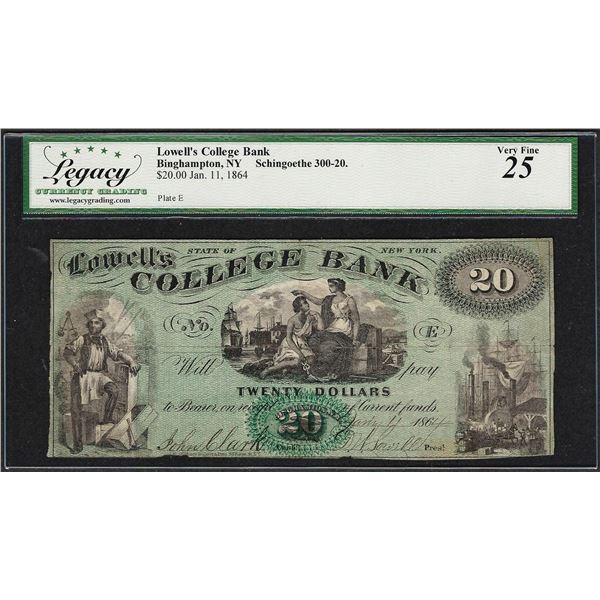 1864 $20 Lowell's College Bank Binghampton, NY Obsolete Note Legacy Very Fine 25
