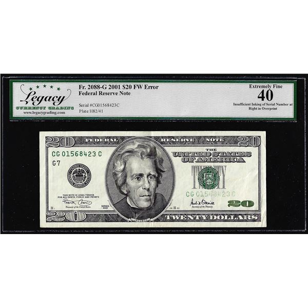 2001 $20 Federal Reserve Note Insufficient Inking Error Legacy Extremely Fine 40