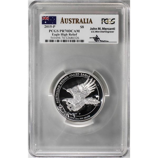 2015-P Australia $8 Wedge-Tailed Eagle High Relief 5oz Coin PCGS PR70DCAM Mercanti Sig