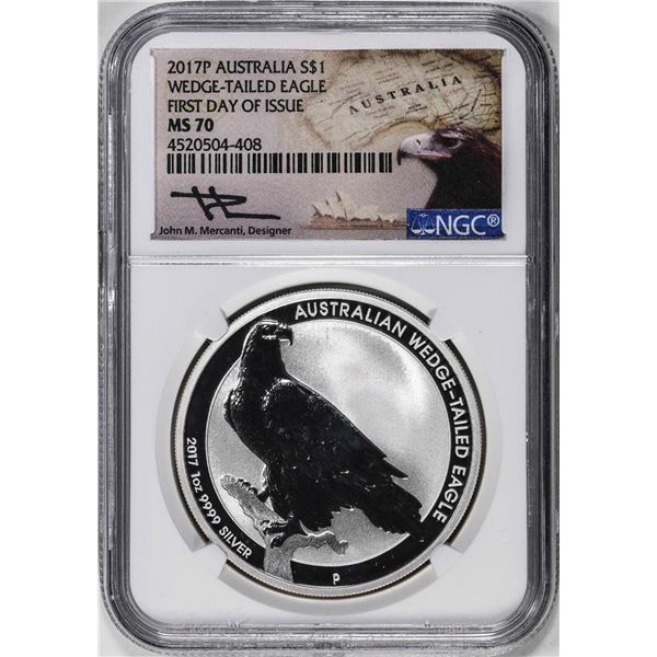 2017-P $1 Australia Wedge-Tailed Eagle Silver Coin NGC MS70 FDOI Mercanti Signature