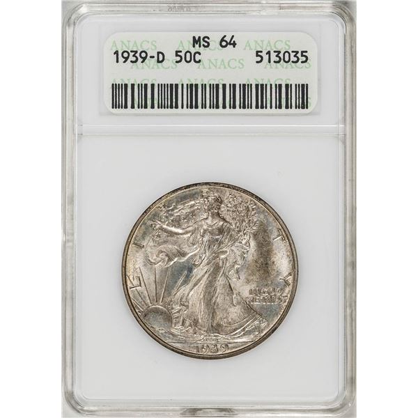 1939-D Walking Liberty Half Dollar Coin ANACS MS64