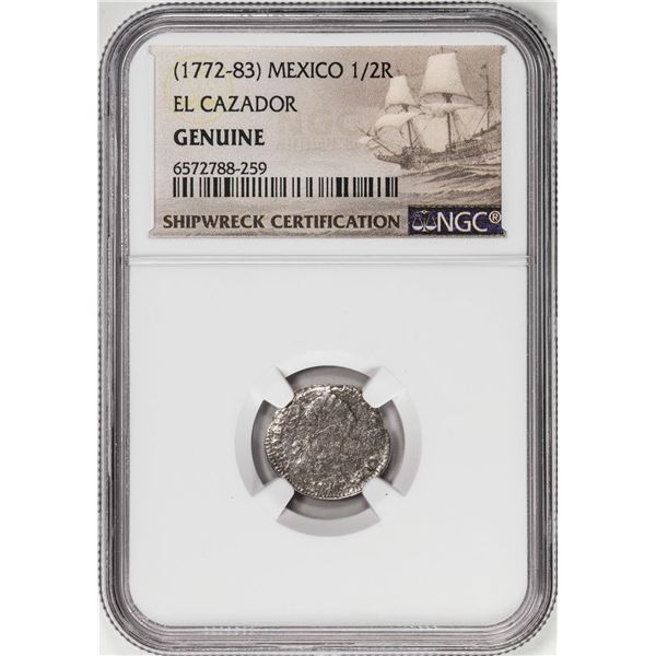 El Cazador Shipwreck (1772-83) Mexico 1/2 Real Silver Coin NGC Genuine w/ Story Card