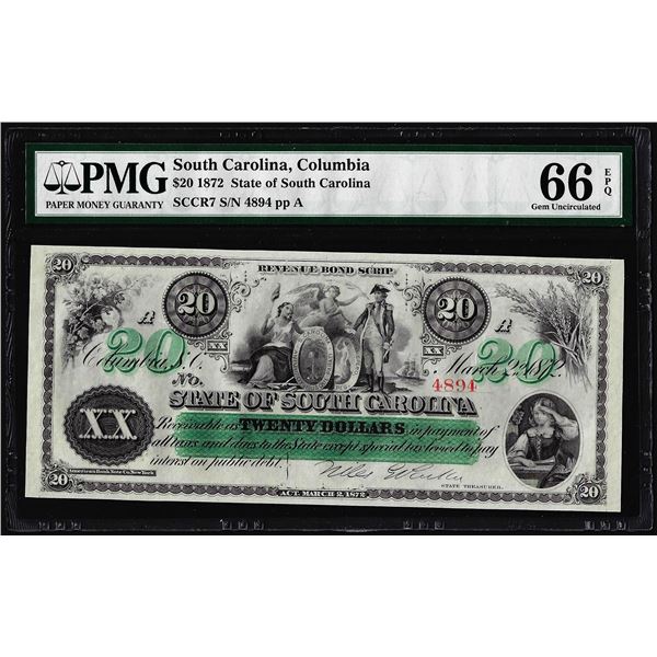 1872 $20 State of South Carolina Obsolete Note PMG Gem Uncirculated 66EPQ