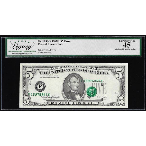 1988A $5 Federal Reserve Note Misaligned Overprint Error Legacy Extremely Fine 45