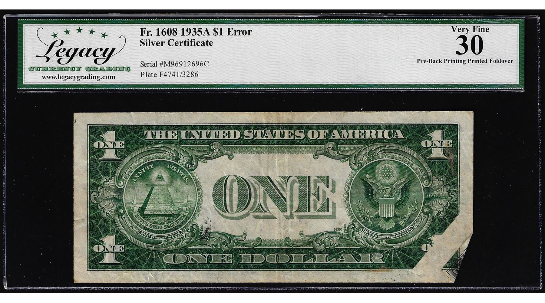 1935A $1 Silver Certificate Note Printed Fold over Error Legacy Very 1935A $1 Silver Certificate Note Printed Fold over Error Legacy Very