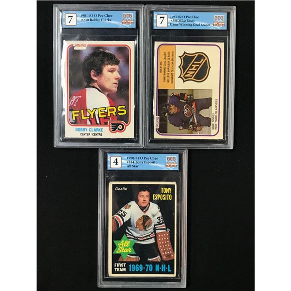 GCG GRADED VINTAGE NHL OPC HOCKEY CARD LOT (CLARKE/ESPOSITO/BOSSY)