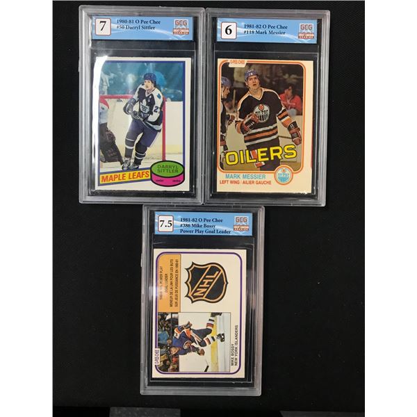 GCG GRADED VINTAGE NHL OPC HOCKEY CARD LOT (MESSIER,BOSSY,SITTLER)