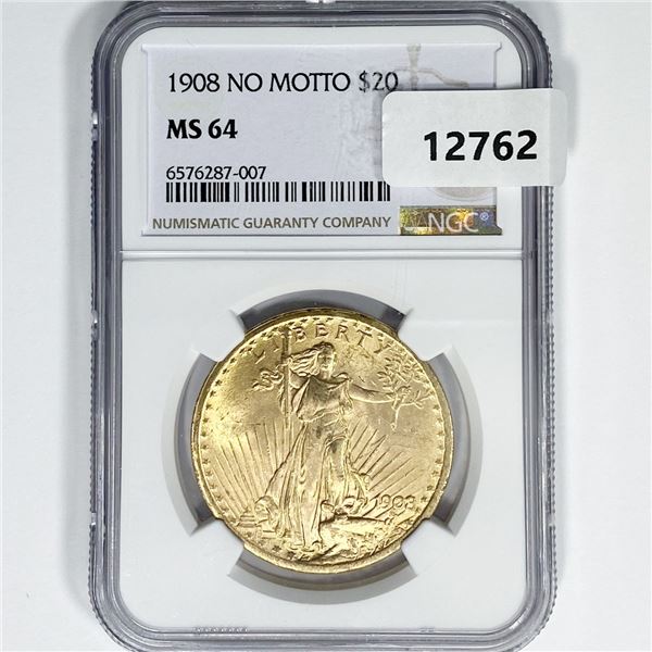 1908 $20 Gold Double Eagle NGC-MS64 NO MOTTO