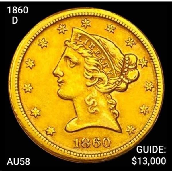 1860-D $5 Gold Half Eagle CHOICE AU