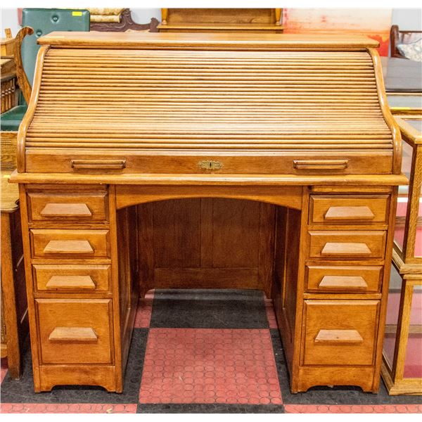 ANTIQUE OAK ROLL TOP DESK DUAL PEDESTAL DRAWERS