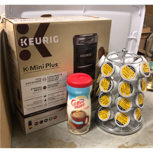 Keurig K-mini plus single serve coffee maker w/ coffee pods & coffee matte