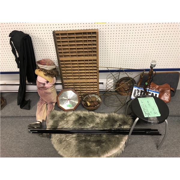 Group of misc. set dec items - includes wall clock/ rug/ magazine stand/ snake table lamp/ stool/ ha