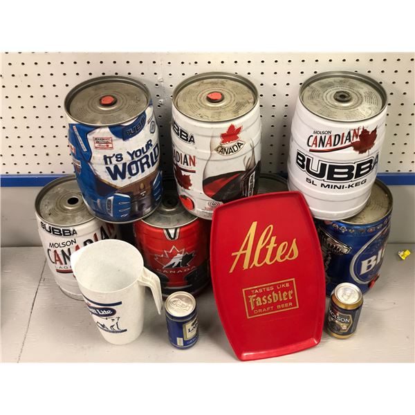 Group of collectible tin mini beers cans and beer related serving pieces