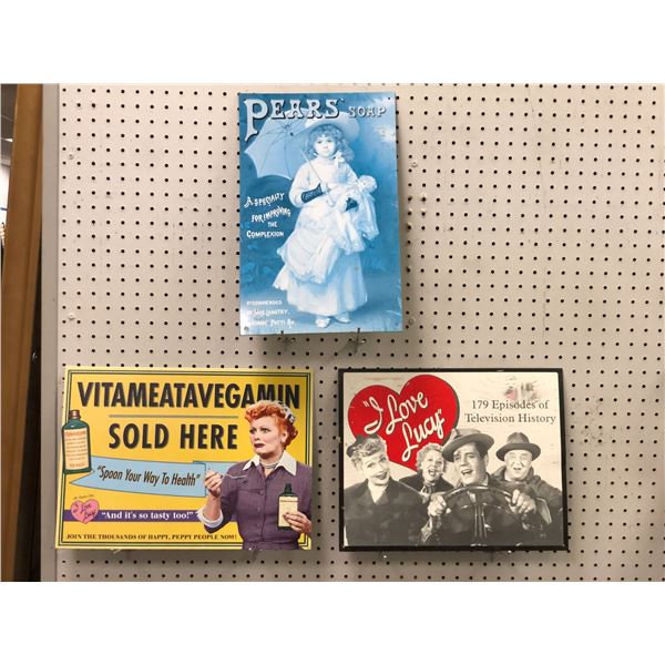 Group of three nostalgic tins advertisement signs