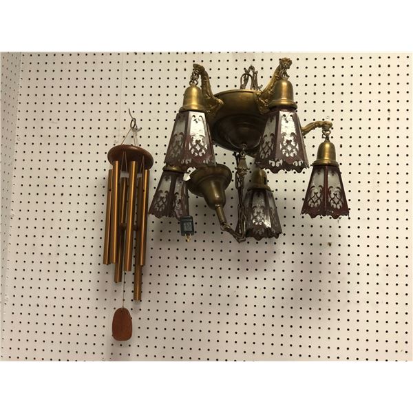 Vintage metal/glass chandelier ceiling light fixture hanging with chains