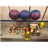 Image 1 : Group of assorted kids toys - includes plastic rubber bowling bowl/building block/bird cage etc.