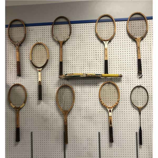 Large group of assorted vintage rackets and cricket bat
