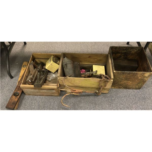 3 wooden crates with vintage tools