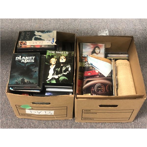 2 boxes filled w/ movies & music CDs and car magazines