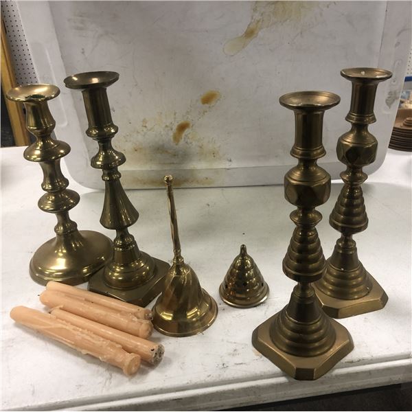  Horror Show  - Group of brassware includes candle holders/bell/candles