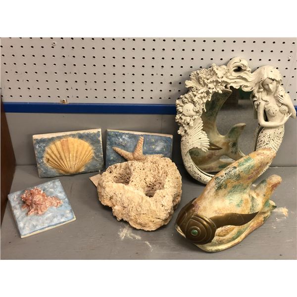 Group of assorted sea decoration - includes starfish/seashell/mermaid mirror etc.